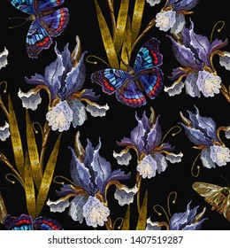 Beautiful spring irises and butterfly embroidery seamless pattern. Renaissance art. Fashion art nouveau template for clothes, t-shirt design 