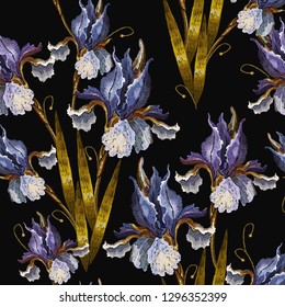 Beautiful spring irises, embroidery seamless pattern. Renaissance art. Fashion art nouveau template for clothes, t-shirt design 