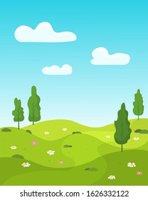 Beautiful spring landscape background in flat style.