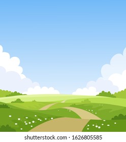 Beautiful spring landscape, banner with green fields and meadows. Summer natural background with place for text, green grass, road, clouds, sky. Sunny park. Vector illustration