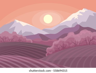 Beautiful spring landscape with the blossoming Oriental cherry. Vector background.
