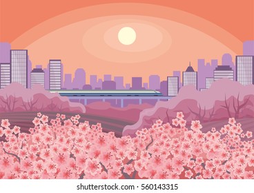 Beautiful spring landscape with the blossoming Oriental cherry. Vector background.