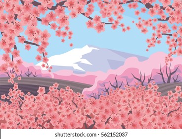 Beautiful spring landscape with the blossoming Oriental cherry. Vector background.