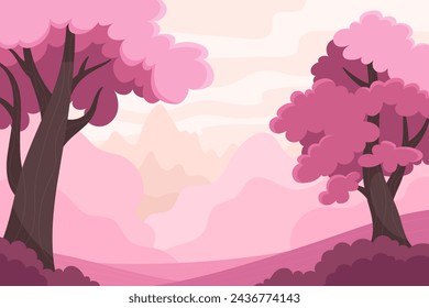 Beautiful spring landscape in cartoon flat style. Mountains, fields and hills top view
