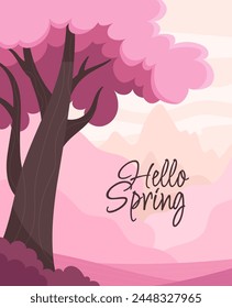 Schöne Frühlingslandschaft im Cartoon-Flat-Stil. Hallo Frühlingsinschrift