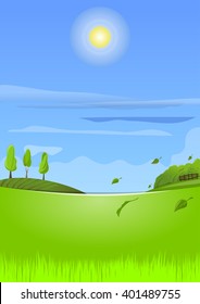 Beautiful spring landscape. Country landscape with young green spring grass. Vector illustration