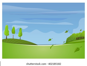 Beautiful spring landscape. Country landscape with young green spring grass. Green spring landscape of sunny day. Vector illustration