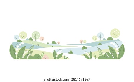 Beautiful spring landscape featuring a winding river, distant pastel trees, and elegant lilies of the valley in the foreground.