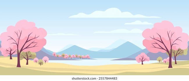 Beautiful spring landscape with flowering trees, grass, mountains and lake. Blooming cherry trees on amazing mountains. Vector illustration of spring nature for design.