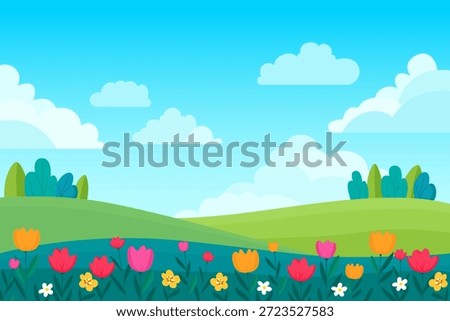 Beautiful spring landscape with flowers in green meadows and a blue sky with clouds. Vector illustration of a spring natural landscape for backgrounds and design.