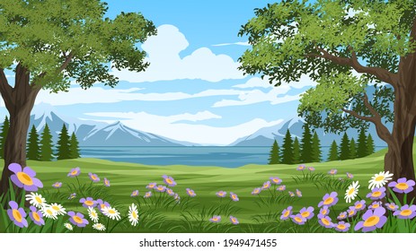 Hermoso paisaje primaveral con bosque y flor