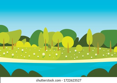 bello paisaje primaveral con el cielo azul ilustración horizontal vectorial