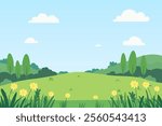 Beautiful spring landscape vector illustration of green fields, hills and flower meadows. Stunning farm landscape with hills and blue sky with clouds. Spring natural landscape for design.