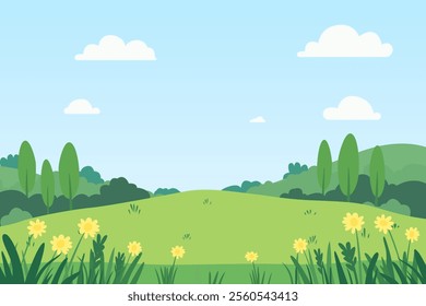 Beautiful spring landscape vector illustration of green fields, hills and flower meadows. Stunning farm landscape with hills and blue sky with clouds. Spring natural landscape for design.