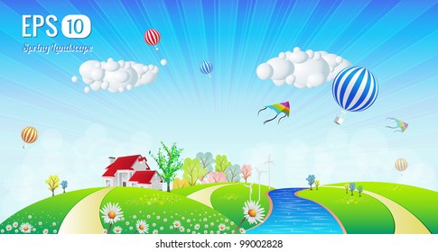 Beautiful Spring Landscape - Vector Illustration