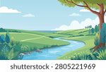 Beautiful spring landscape vector with a winding river, green rolling hills, big tree, and lush vegetation under a bright blue sky.