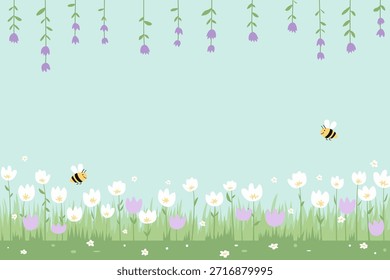 Hermoso prado de primavera con flores y abejas. Marco floral y vegetal para fondos de primavera y verano. Paisaje de primavera con hermosa naturaleza, Ilustración vectorial.