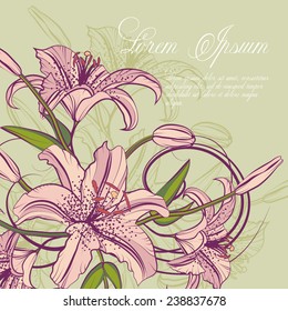 Beautiful spring mood illustration of pink lilies on green background. Can be used as a greeting or invitation card for wedding. This card is tender and romantic.