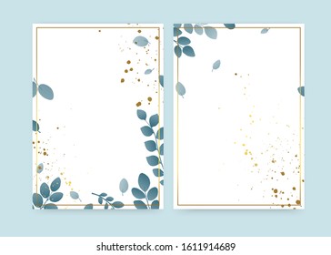 Beautiful spring natural background for text decoration. Wedding invitations with leaf branches, golden frame and splashes of gold paint. Holiday layouts for cards. Vector illustration.