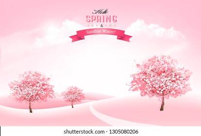 Beautiful spring nature background with blossom sakura trees and landscape. Vector.