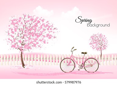 Beautiful spring nature background with a blossoming trees and bike. Vector.
