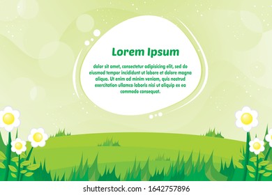 Beautiful Spring Nature scene with Bokeh green sky bakcground, Flower, grass and balloon space text Vector illustration