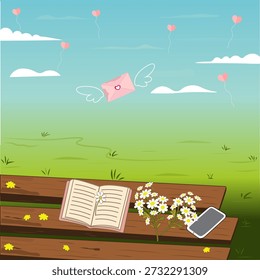 Escena hermosa del parque de la primavera con un libro abierto, un ramo de margaritas, un smartphone en un banco de madera, y una carta de amor voladora con los globos del corazón en el cielo. Ilustración vectorial en un estilo plano de dibujos animados.