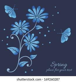 Beautiful spring pattern with blue flowers and butterflies.