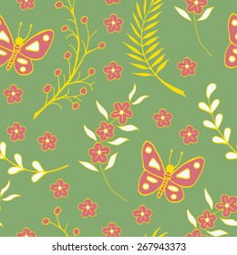 Beautiful spring pattern with leaves, flowers and butterflies. Made with fully hand drawn elements.