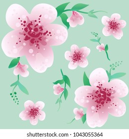 Beautiful spring pink cherry blossom, pattern on the blue background. Vector illustration.