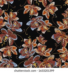 Beautiful spring pink orchids flowers. Tropical garden art. Embroidery, seamless pattern. Fashion template for clothes, textiles, t-shirt design