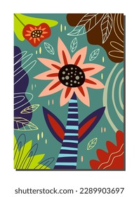Beautiful spring poster. Cute floral composition with wild flowering plants, linear leaves, organic branches and petals. Stylish cover. Cartoon flat vector illustration isolated on white background