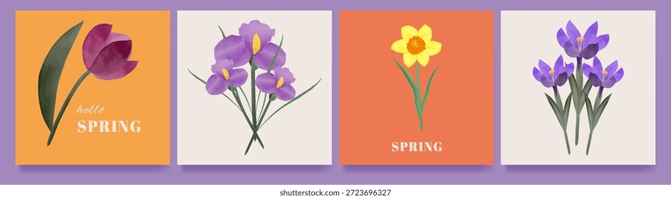 Schöne Frühlingsplakate mit blühenden Blumen. Tulpen, Iris, Narzissen und Krokusse, handgezeichnet in Aquarell. Federabdeckungen. Vektorgrafik.