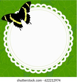 beautiful spring round frame with a butterfly on a background of green foliage. template for greetings or photo frame. vector illustration.