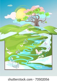Beautiful spring rural landscape, with oak tree