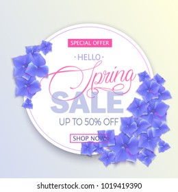 Beautiful Spring sale banner with blue hydrangea flowers. Vector illustration