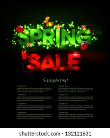 Beautiful spring sale design on a black background. Luminous bright green and red colors.