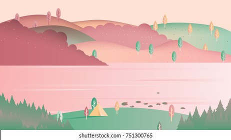 Beautiful spring scenery landscape, camping tent on small hill with lake and mountain, pink and green tones