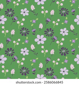 Beautiful spring seamless floral pattern with bright purple pink summer flowers. Ditsy botanical repeat green background.