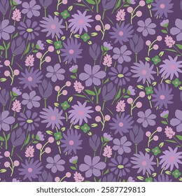 Beautiful spring seamless floral pattern with bright purple green summer flowers. Ditsy botanical repeat dark violet background.