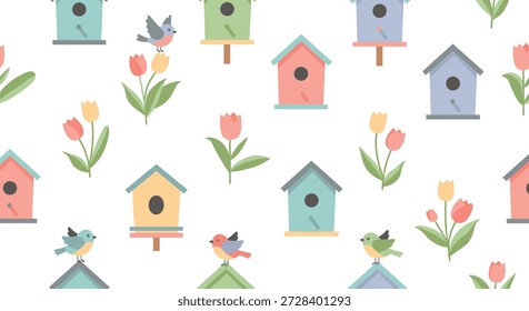 Beautiful spring seamless pattern with colorful wooden birdhouses, singing birds, and blooming tulips on a clean white background.