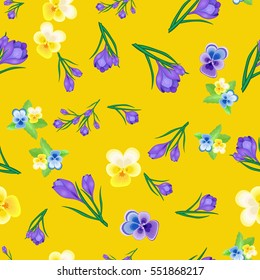 Beautiful spring seamless pattern with crocuses and Pansies.The flowers of saffron on a yellow background.Vector illustration.Print for gift wrapping,fabric, paper,postcards and website design.