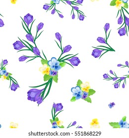 Beautiful spring seamless pattern with crocuses and Pansies.The flowers of saffron on a white background.Vector illustration.Print for gift wrapping,fabric, paper,postcards and website design.