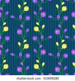 Beautiful spring seamless pattern with crocuses.The flowers of saffron.Dark Background for Wallpaper..Vector illustration.Print for gift wrapping,fabric, paper,postcards and website design.