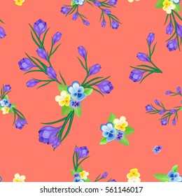 Beautiful spring seamless pattern with crocuses and Pansies.The flowers of saffron on a pink background.Vector illustration.Print for gift wrapping,fabric,paper and website design.
