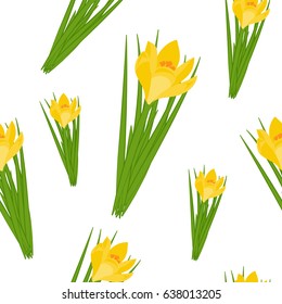 Beautiful spring seamless pattern with crocuses. Yellow flowers different sizes of saffron on a white background. Vector