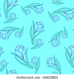 Beautiful spring seamless pattern with crocuses.contour, outline The flowers of saffron on a  blue background.Vector illustration.Print for gift wrapping,fabric, paper,postcards and website design.