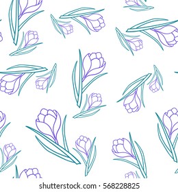 Beautiful spring seamless pattern with crocuses.contour, outline The flowers of saffron on a  white background.Vector illustration.Print for gift wrapping,fabric, paper,postcards and website design.