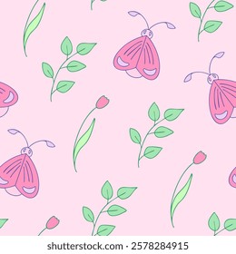 Beautiful spring seamless pattern with delicate hand-drawn bugs, tulip flowers, and branches with leaves in pastel pink and green shades