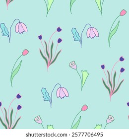 Beautiful spring seamless pattern with hand-drawn tulip and bluebell flowers in pastel shades. Lovely hand-drawn floral background
